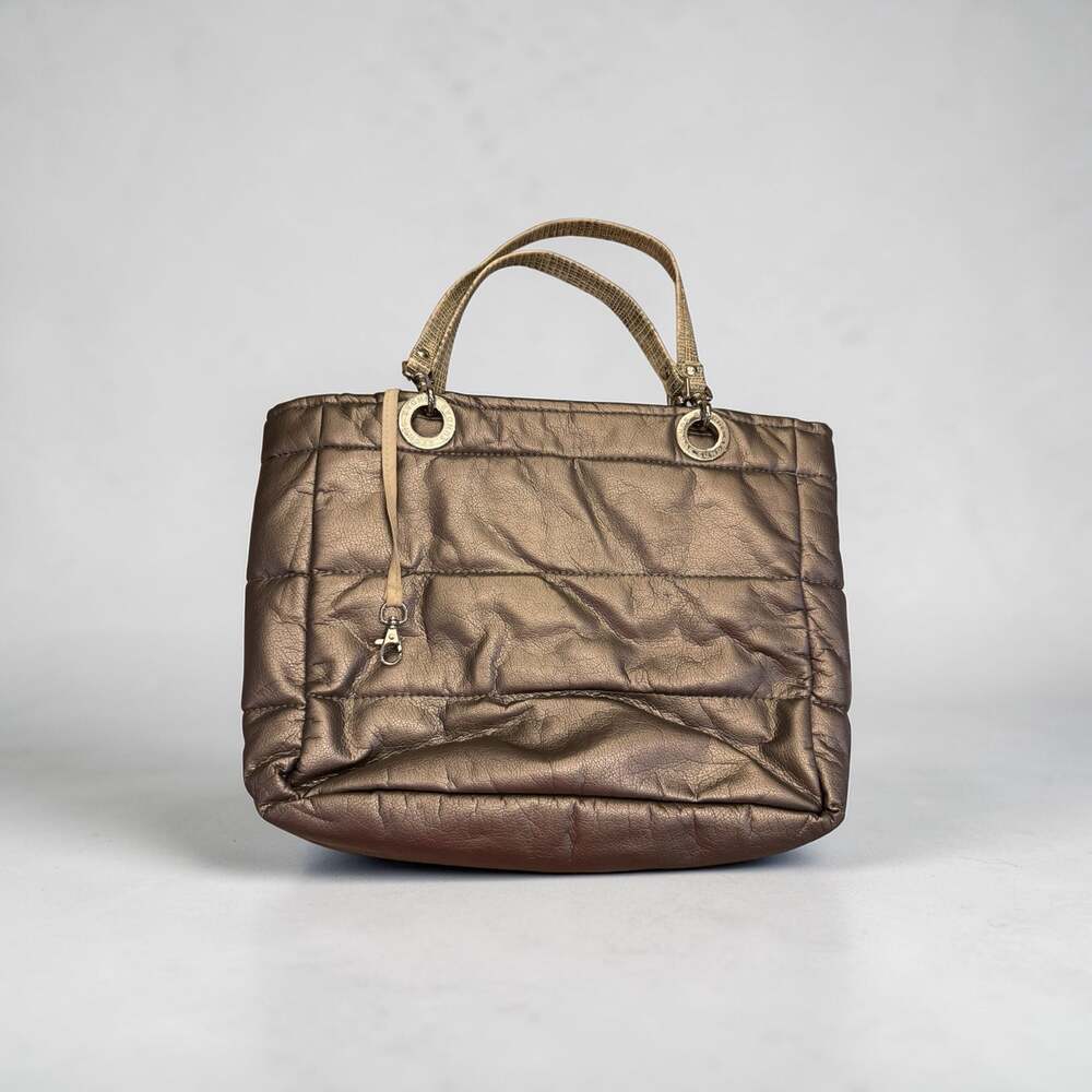 Vintage Sundar Metallic Silver Quilted Puffer Tote Embossed Snakeskin Handles